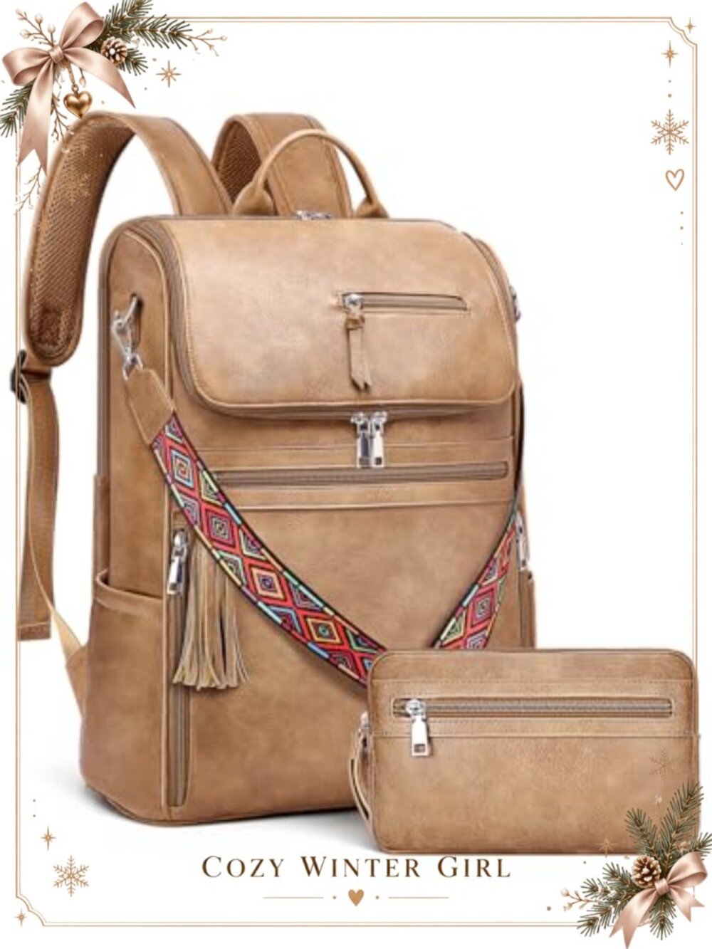 Faux Leather Laptop Backpack for Women 16.5 Inch Travel Computer Bag with Tassel